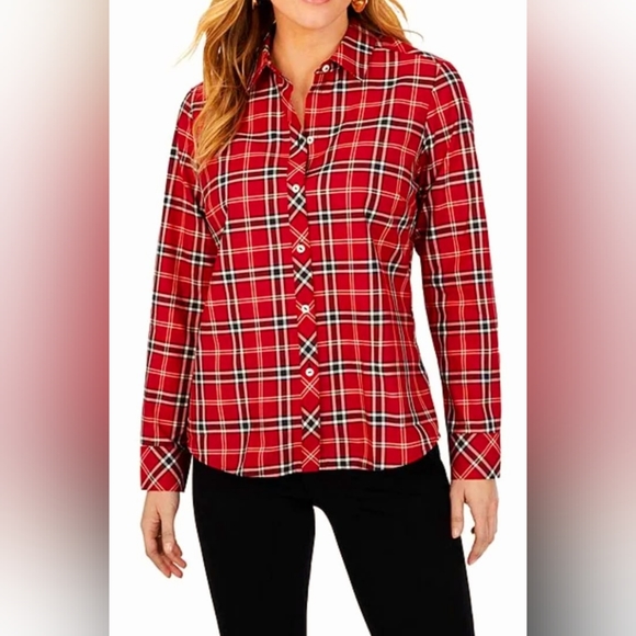 Talbots Women's Plaid Red Metallic Shirt Cotton Button Up, Medium. - Picture 13 of 13